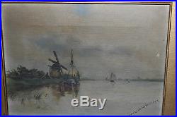 Antique 1800'S Oil Painting On Canvas-Nautical Windmill Boats-Signed Tlottetta