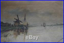 Antique 1800'S Oil Painting On Canvas-Nautical Windmill Boats-Signed Tlottetta