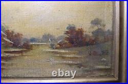 Antique 1800's original oil painting winter landscape river on canvas framed