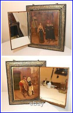 Antique 1876 original triptych trim-fold figural oil painting wall mirror framed