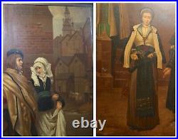 Antique 1876 original triptych trim-fold figural oil painting wall mirror framed