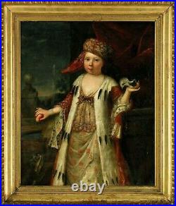 Antique 18th Century French Oil painting on Canvas Portrait of Girl with Peach
