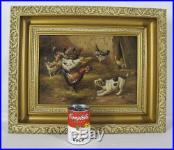 Antique 19 C ORIG August Laux Oil Canvas Painting Puppy Dog Bossing Chickens yqz
