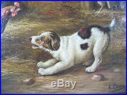 Antique 19 C ORIG August Laux Oil Canvas Painting Puppy Dog Bossing Chickens yqz