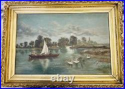Antique 19C (1885) Nautical Oil Painting Tourists In Boat On River With Swans