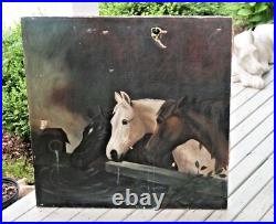 Antique 19c Oil Painting Study of 3 Horses at Trough Manner of John F. Herring
