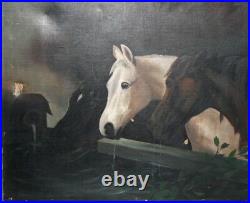 Antique 19c Oil Painting Study of 3 Horses at Trough Manner of John F. Herring