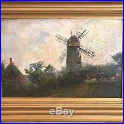 Antique 19th C English Landscape with Shirley Windmill Cows Oil on Canvas Painting
