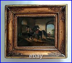 Antique 19th C. Oil Painting Spanish Cavalier and Horse in a Stable Scene O/C