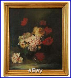 Antique 19th Century Botanical Still Life Oil on Canvas Signed Painting Floral
