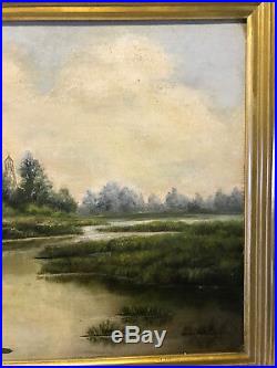 Antique 19th Century Oil on Canvas Board Painting of Cows in Landscape by Stream