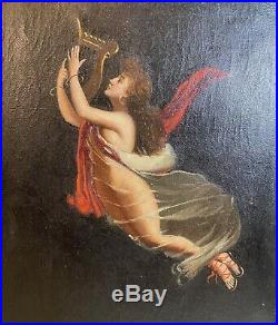 Antique 19th century Victorian original nude lady with harp angel oil painting