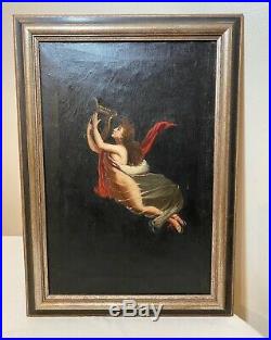 Antique 19th century Victorian original nude lady with harp angel oil painting