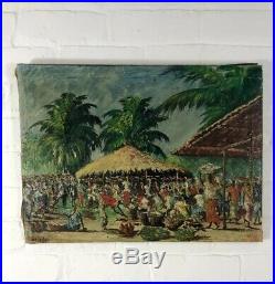 Antique African Oil On Canvas Painting Signed Early C20th Vintage Tribal Art