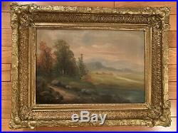 Antique Beautiful Autumn Landscape Painting Oil On Canvas in Wood Frame 26x19.5