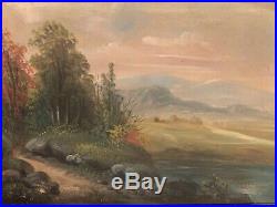 Antique Beautiful Autumn Landscape Painting Oil On Canvas in Wood Frame 26x19.5