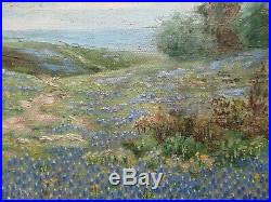 Antique Blue Bonnet Landscape Painting Edwin Signed 19th 20th Century Oil Old