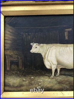 Antique C Toch ORIGINAL FRENCH OIL ON CANVAS COW PAINTING 16 3/8 x 14 3/8