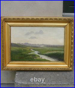 Antique Danish summer landscape with a stream and cows. 1880. Signed