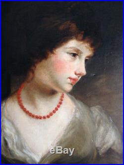 Antique Fine Oil 19th Century Portrait Lady Coral Necklace Sir William BEECHEY
