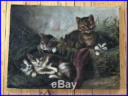 Antique Folk Art Oil Painting Cat & Four Kittens On Canvas- Primitive 1800s WOW