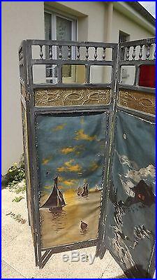 Antique French 1900 oil paint canvas 3 Wood Panel Screen Room Divider Art deco