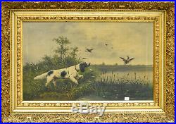 Antique French 1912 Oil Canvas painting hunting dogs field signed