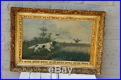Antique French 1912 Oil Canvas painting hunting dogs field signed