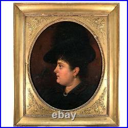 Antique French Oil Painting, Portrait of Woman c. 1840s, Fine Frame, Jewelry, Hat