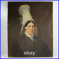 Antique French Portrait of a Normandy Woman in a Lace Bonnet, Oil Painting