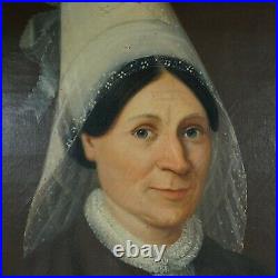 Antique French Portrait of a Normandy Woman in a Lace Bonnet, Oil Painting