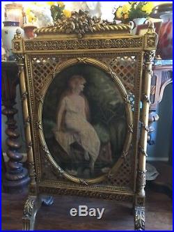 Antique Gilt Wood French Fire Screen Lady In Lily Pond Oil On Canvas Painting Ex