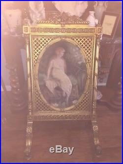 Antique Gilt Wood French Fire Screen Lady In Lily Pond Oil On Canvas Painting Ex