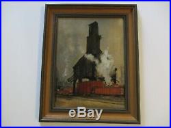 Antique Industrial Painting Train Stop Station Regionalism Early American Wpa