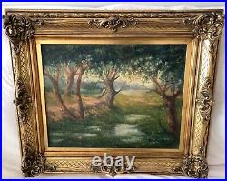 Antique Landscape oil on canvas painting signed and dated 1921 with gilt frame