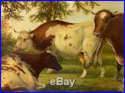 Antique Large Oil on Canvas Painting Signed Cooper Three Cows in Landscape