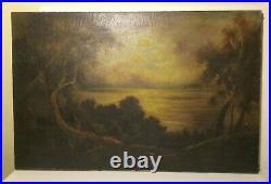 Antique Mistical River Sunset Landscape Scene Oil Painting On Canvas 29x19