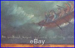 Antique Norwegian Folk Art Oil Painting on Canvas, Whaling