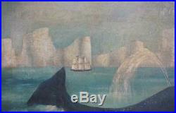Antique Norwegian Folk Art Oil Painting on Canvas, Whaling