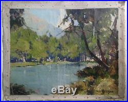 Antique Oil 19th French Impressionist painting Lake in French by Leon LAUNAY