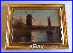 Antique Oil Canvas Painting Dutch European Windmill Nautical Signed Framed 14.5