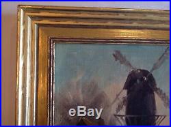 Antique Oil Canvas Painting Dutch European Windmill Nautical Signed Framed 14.5