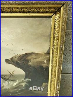 Antique Oil Canvas Painting Gilded Wood Frame Stormy Shore Perilous Ship Moody