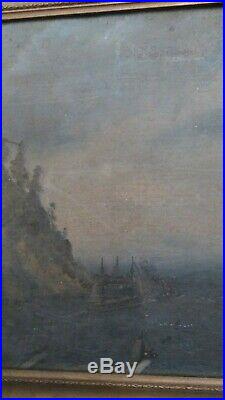 Antique Oil On Canvas Painting, Period Frame, Tall Ship, Maritime Cliff Scene