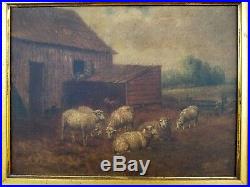 Antique Oil On Canvas Painting Sheep Farm Barn Curly Maple Frame Pastoral Nice