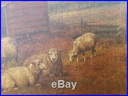 Antique Oil On Canvas Painting Sheep Farm Barn Curly Maple Frame Pastoral Nice