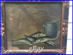 Antique Oil On Canvas Still Life Fish & Crock