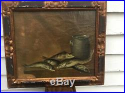Antique Oil On Canvas Still Life Fish & Crock