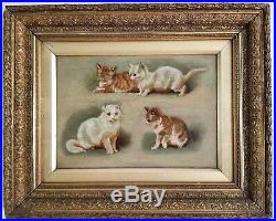 Antique Oil Painting Cat Kittens On Canvas 19th Century