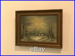 Antique Oil Painting Cottage Winter Wooded Scene